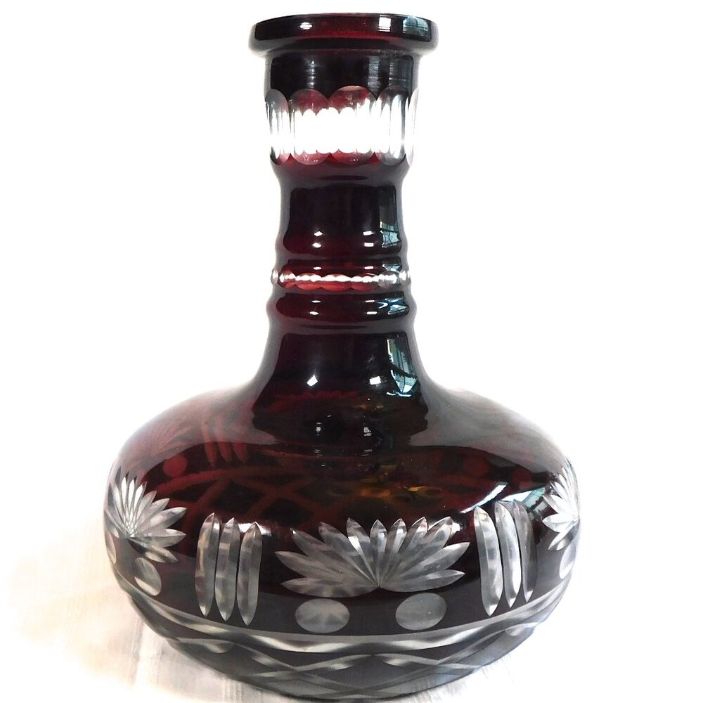 Large Dark Red Cut to Clear Vase, Carafe or Decanter  # 20445